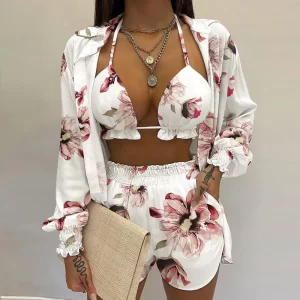 Women's Sexy Three-piece Summer Beach Fashion Shorts Suit Casual And Comfortable Top Vest Shirt Jacket Shorts Suit