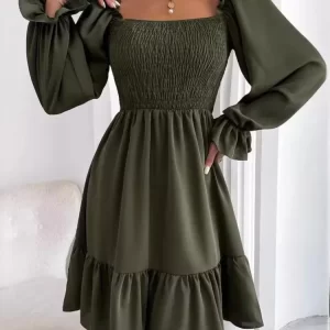 Women's Dress Simple Square Neck Solid Color Long Sleeve Dress Parallel Crepe Seam Body Bell Sleeves Ruffle Hem Dress Women