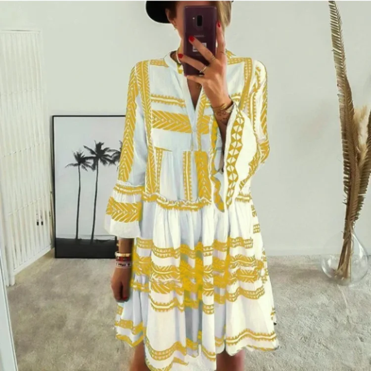 New Short Dress Summer Geometric Print V-neck Bell Sleeve Short Dress Beach Party Nine-quarter Sleeves Big Swing Dress - Image 3