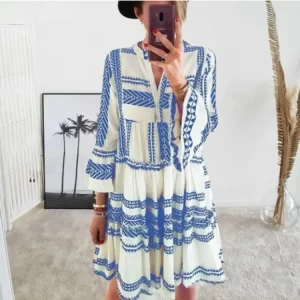 New Short Dress Summer Geometric Print V-neck Bell Sleeve Short Dress Beach Party Nine-quarter Sleeves Big Swing Dress