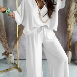 Women's Summer Trousers Suit V-neck Bat Sleeve Casual Top Lace-up Trousers Loose Solid Color Suit Two-piece Set