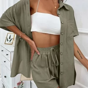 Ladies Casual Suit Summer Women's Fashion Casual Loose Single Breasted Shirt Short Sleeve Shorts Two Piece Set