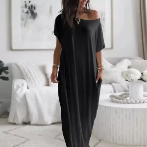 Women's Home Long Dress Summer Sexy One Shoulder Bat Sleeve Dress Casual Women's Solid Color Short Sleeve Long Dress